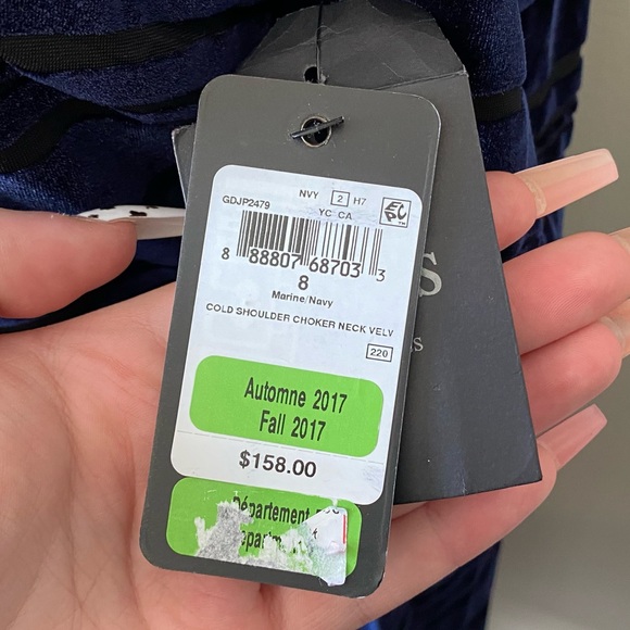 Guess cold shoulder choker neck blue/black velvet striped dress Size 8 - Picture 10 of 12